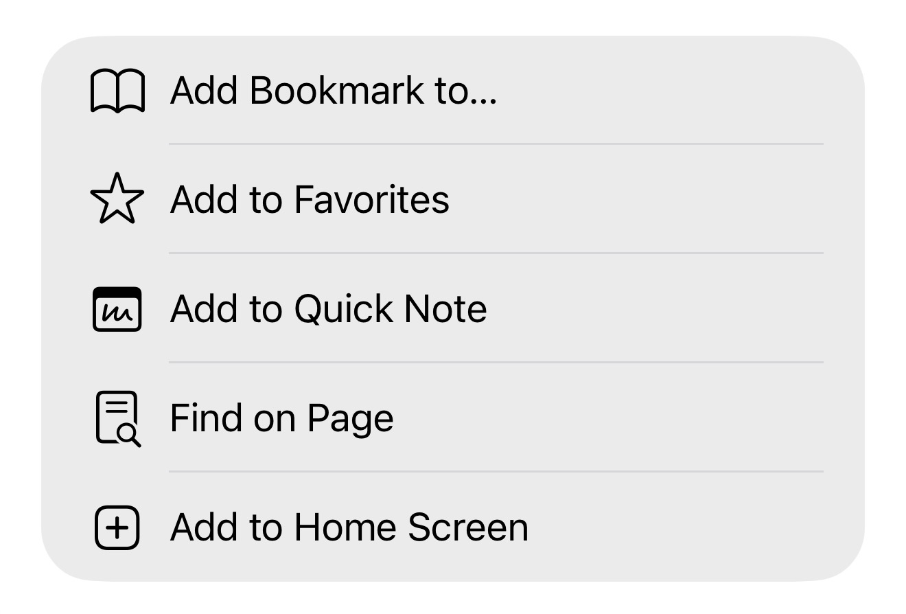 Safari actions showing Add to Home Screen