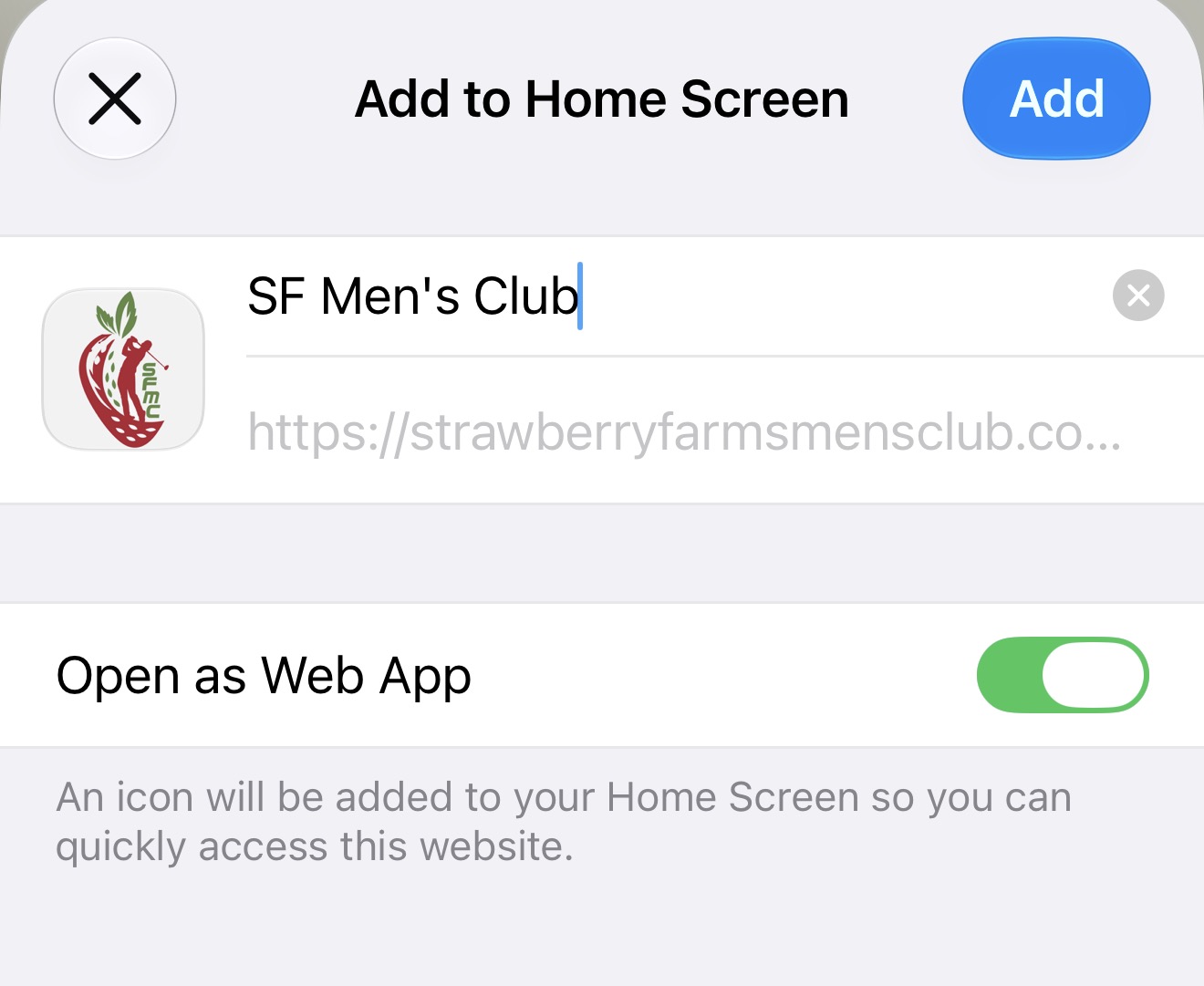Add to Home Screen confirmation with Open as Web App enabled and the Add button