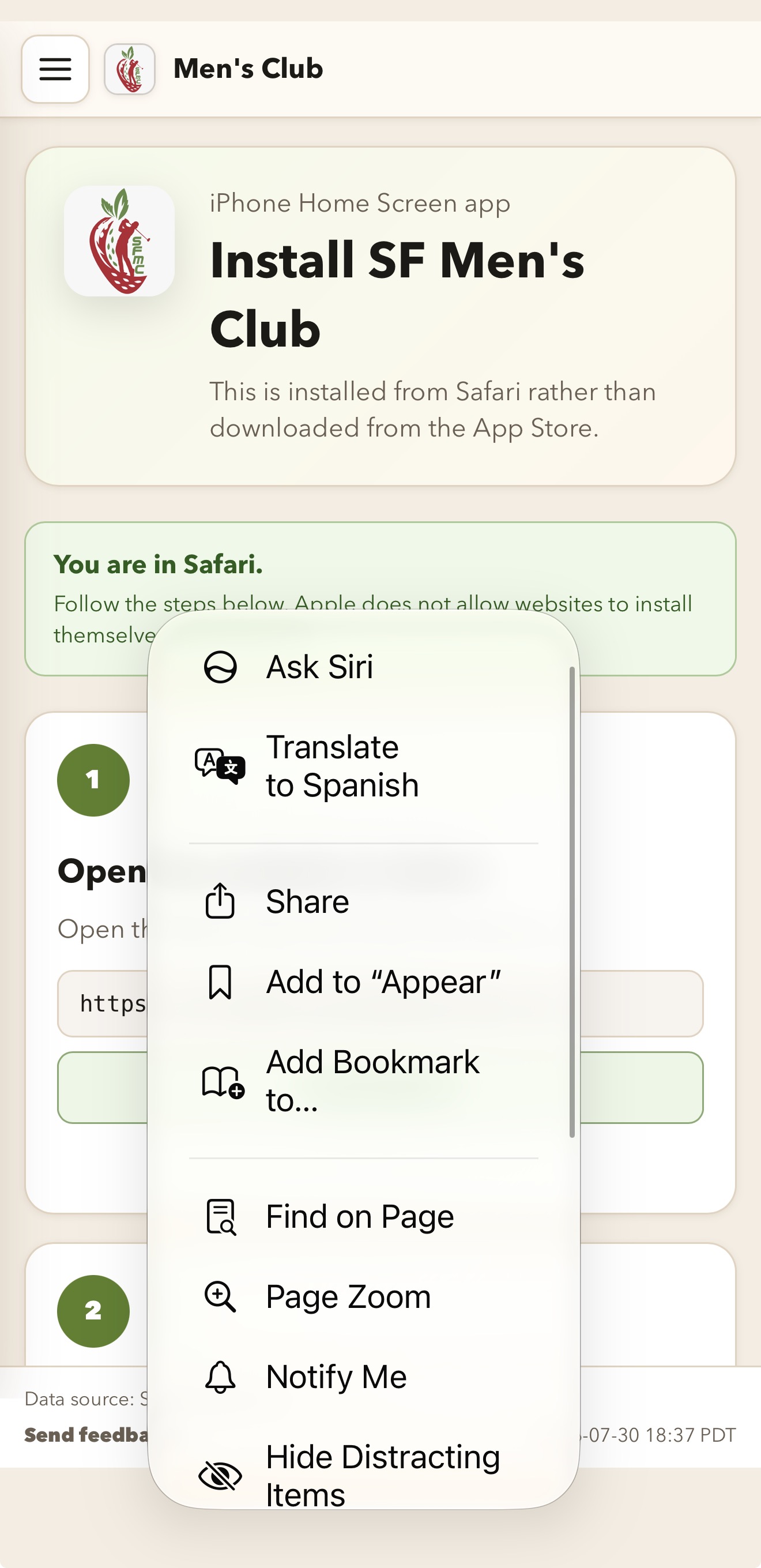 Safari Page Menu showing the Share command