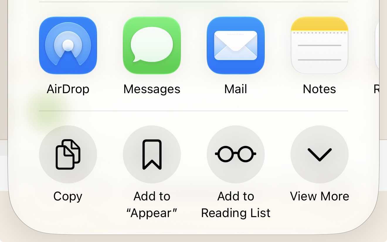 Safari Share menu showing the View More button